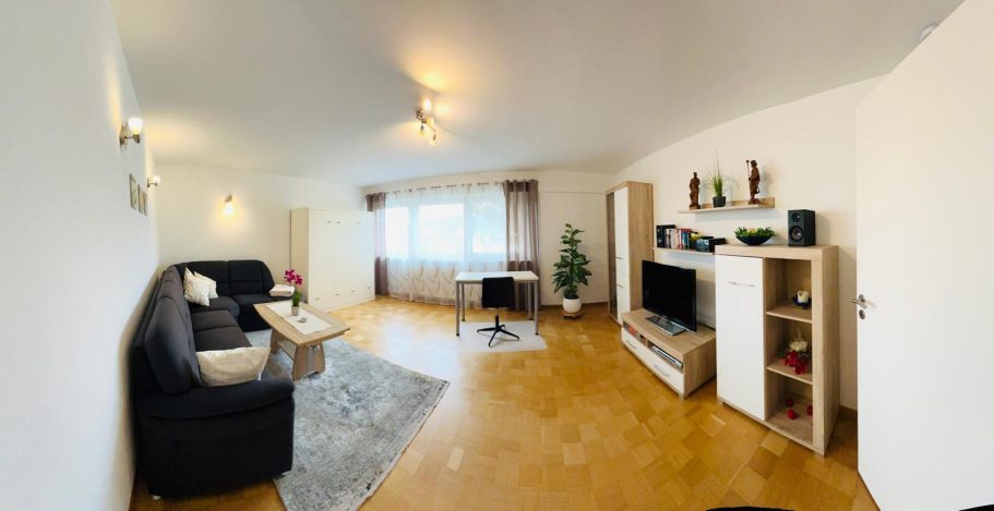 Heller Wohnraum mit Sofa, TV, Regal und einem Weihnachtsbaum in der Ecke.