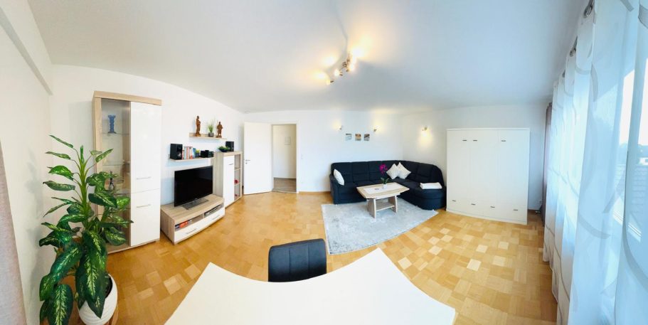 Heller Wohnraum mit modernen Möbeln, Teppich und Pflanzen.