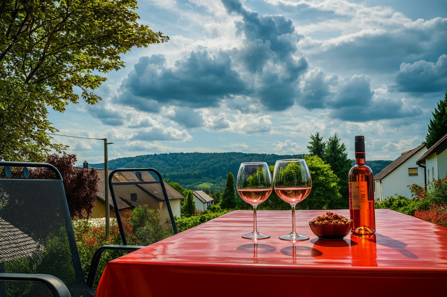 Ein Tisch mit zwei Gläsern Roséwein und einer Flasche, umgeben von idyllischer Landschaft.